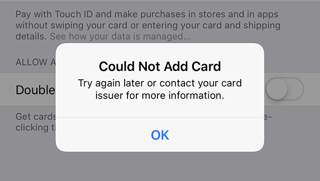 無法將卡片新增至 Apple Pay